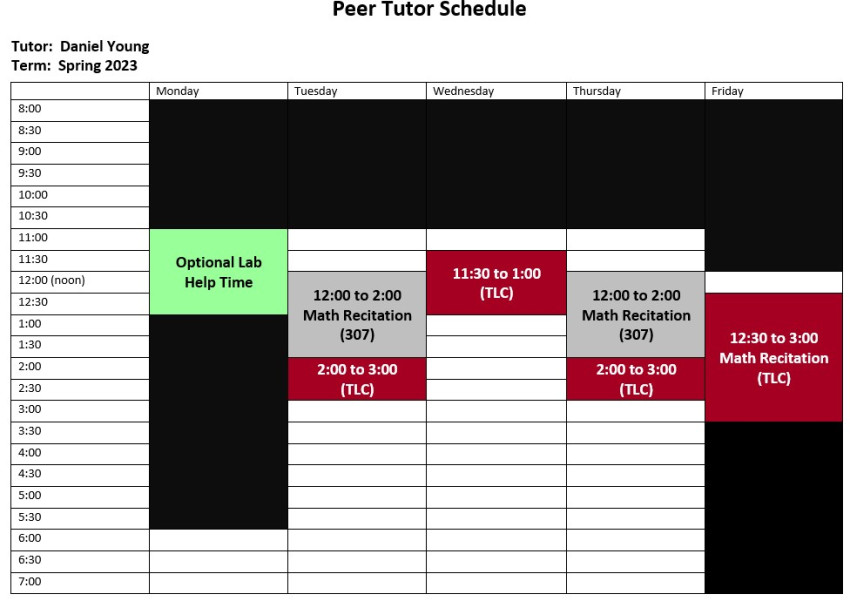 Peer Tutor Schedule