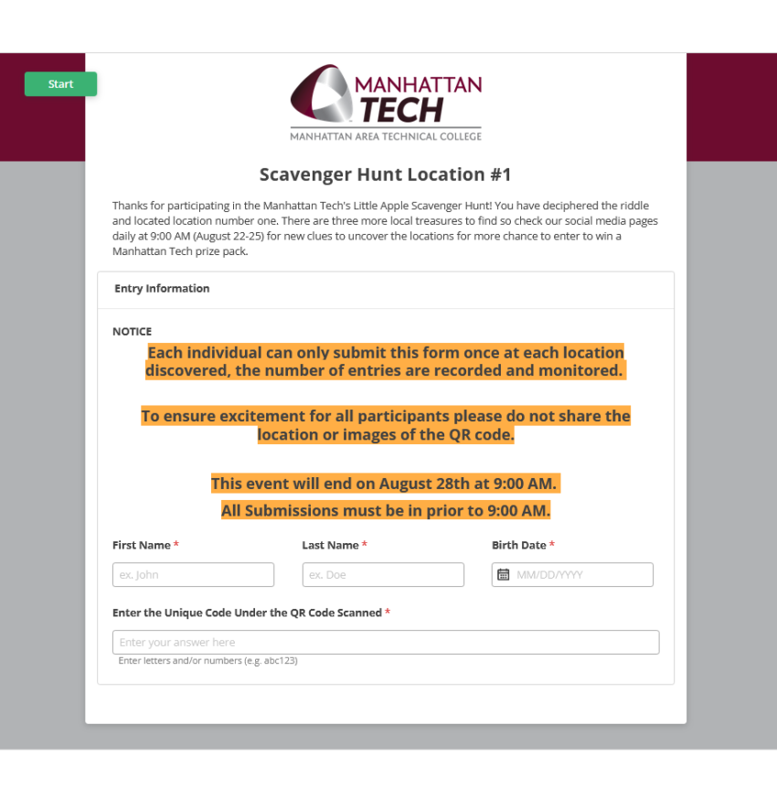 Scavenger Hunt QR Code Form
